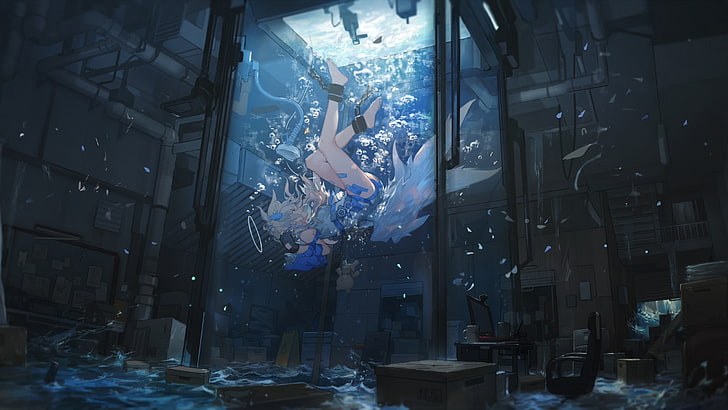 female anime character wallpaper, water, chains, wings, underwater