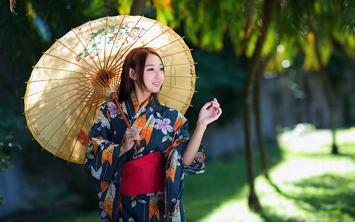 Chinese style, girl, beauty, clothing, umbrellas, beautiful, women's kimono robe, HD wallpaper
