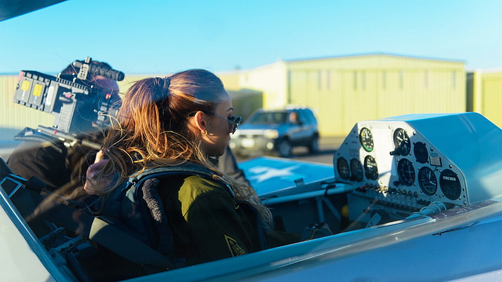 Dannie Riel, cockpit, sunglasses, airplane, ponytail, women with planes