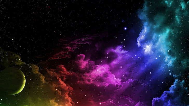 nebula, fantas space art, universe, sky, rainbow colored, multicolored