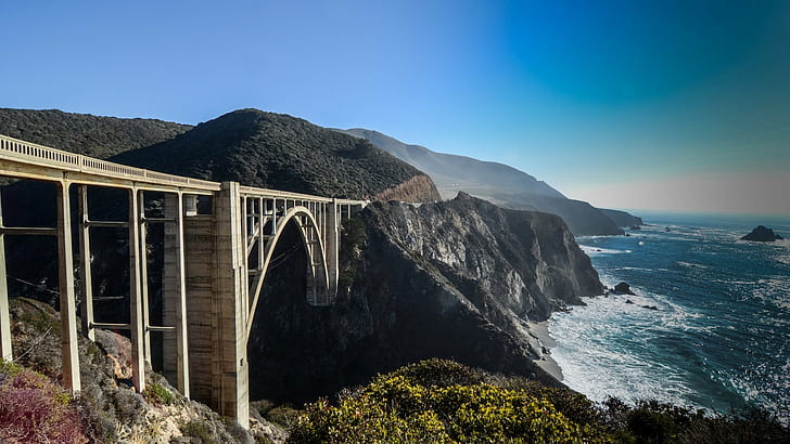 California, coastline, clear sky, viaduct, Bixby Creek Bridge, HD wallpaper