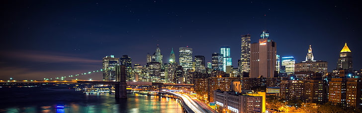 city skyline, New York City, night, lights, long exposure, Brooklyn Bridge
