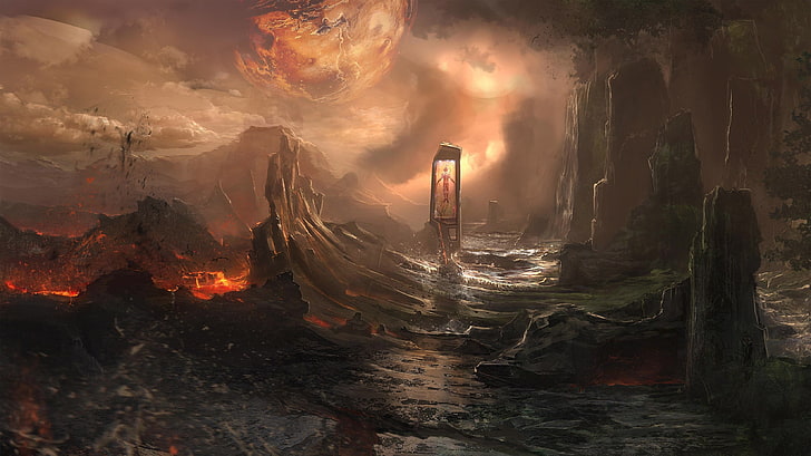 video game digital wallpaper, artwork, fantasy art, lava, planet