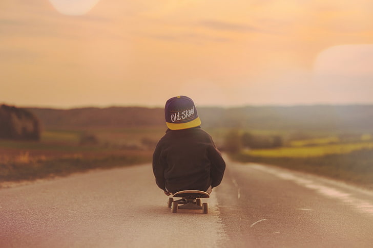 skateboard, one person, rear view, sunset, road, real people