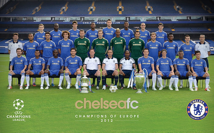 Chelseafc Champions of Europe players, lawn, football, the ball, HD wallpaper