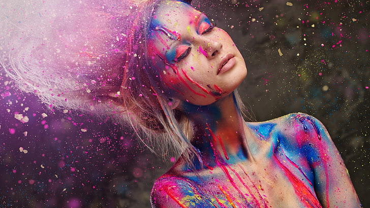 shallow focus photography of woman with paints, paint splatter