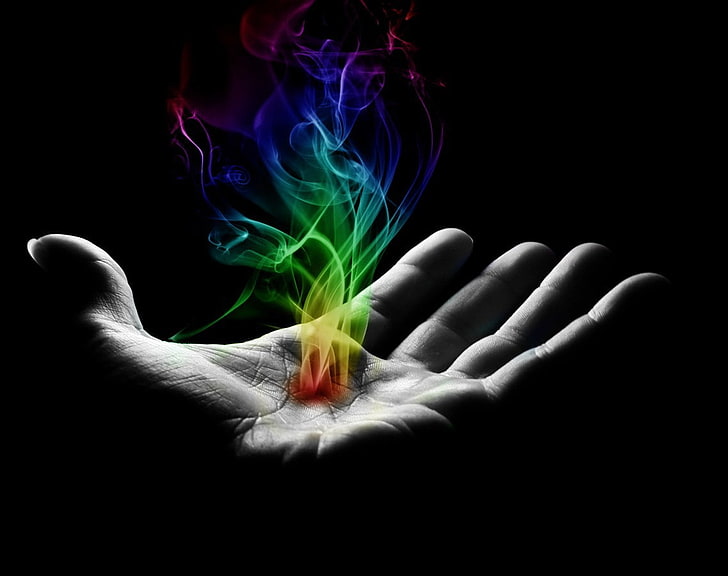 photo manipulation, colorful, selective coloring, smoke, hands