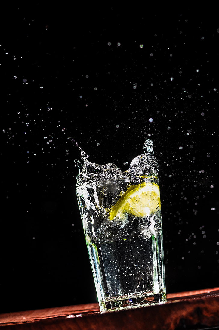clear drinking glass, lemon, spray, drops, liquid, water, food and drink