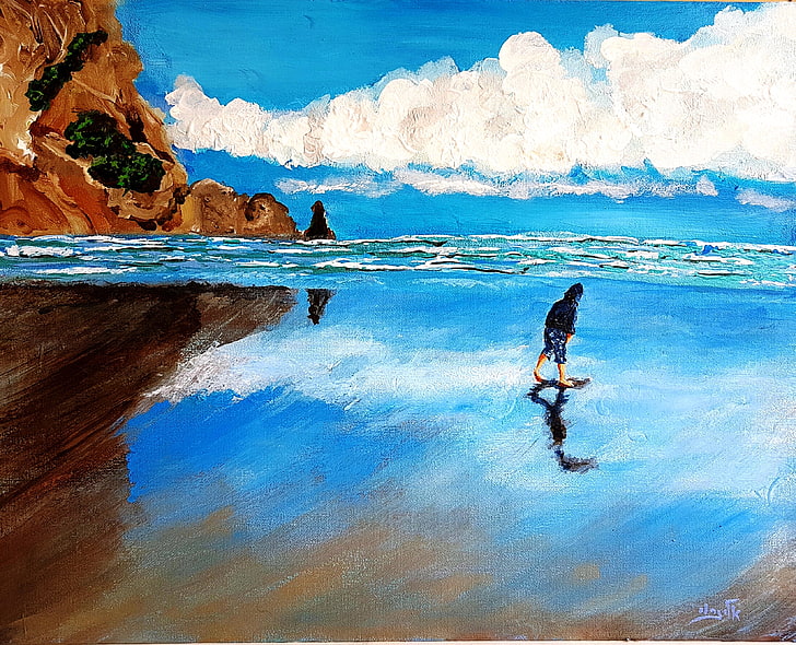 person walking on body of water painting, landscape, seashells