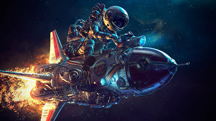 astronaut, galaxy, Michael Black, Photoshop, sky, rocket