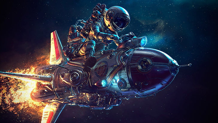 Astronaut and rocket illustration, Photoshop, sky, galaxy, Michael Black, HD wallpaper