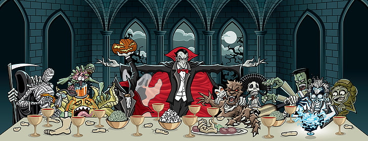 The Last Supper Halloween edition digital wallpaper, eyes, clouds