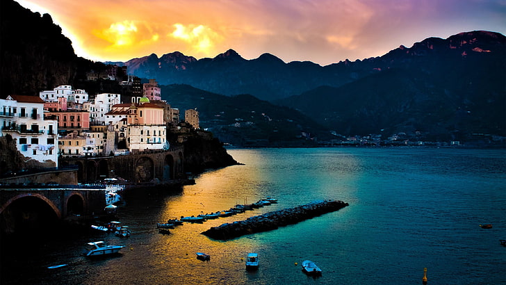 amalfi, salerno, italy, europe, sky, dawn, water, body of water, HD wallpaper