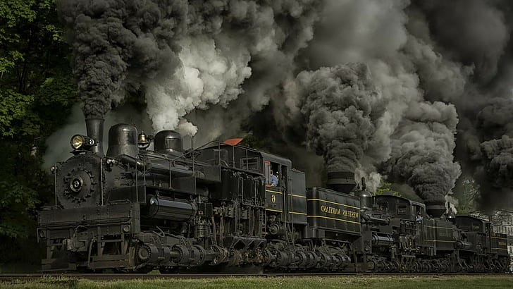 train steam locomotive dust railway wheels maryland usa nature trees grass smoke, HD wallpaper