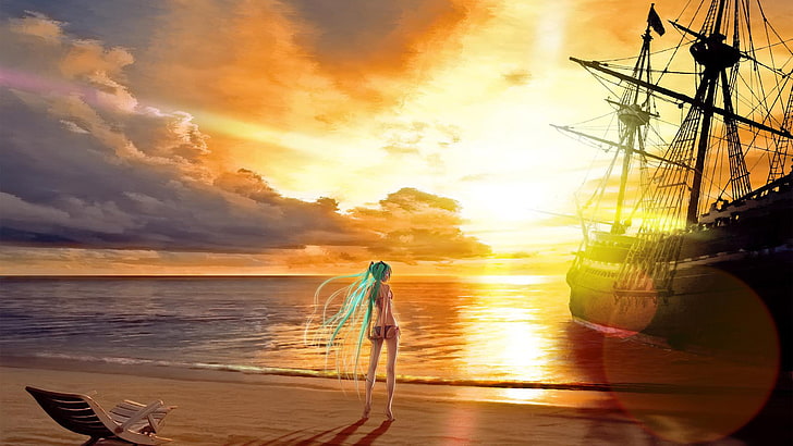 HD wallpaper: anime, sunset, sky, beach, sea, sand, summer, ocean, vacation  | Wallpaper Flare