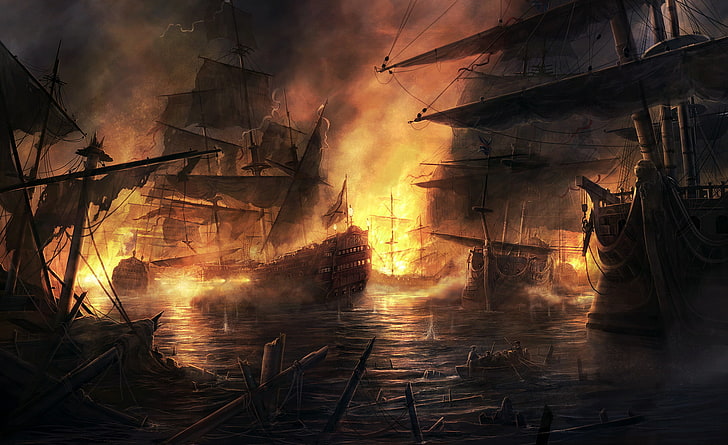 painting of shipwreck, fire, ships, battle, fire - Natural Phenomenon, HD wallpaper