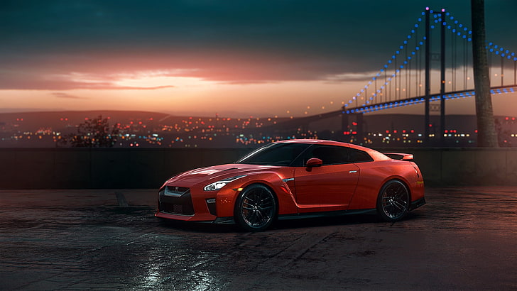 red Nissan GT-R coupe, GTR, Car, Sunset, R35, View, transportation