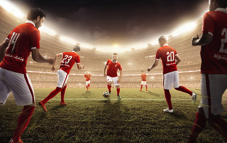 soccer players in red soccer jersey playing soccer on soccer field, HD wallpaper