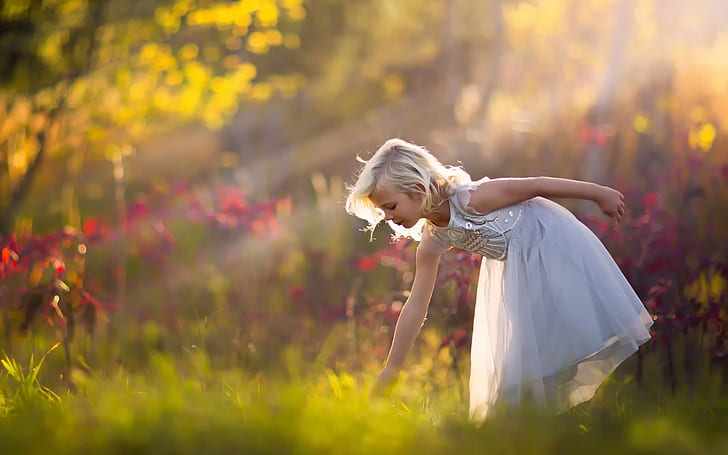 Cute little girl, white dress, forest, nature, HD wallpaper