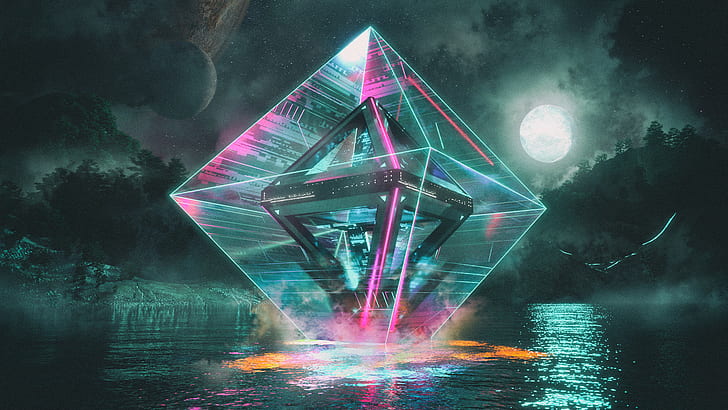 David Legnon, cyberpunk, neon glow, prism, Moon, water, reflection