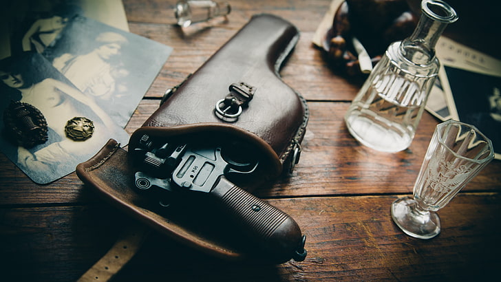gun, weapons, table, Photo, holster, glasses, 