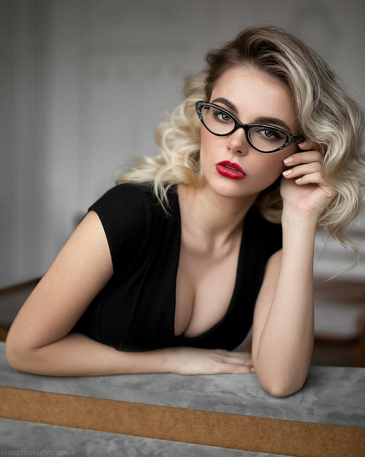 women with glasses, model, portrait display, blonde, women indoors, HD wallpaper