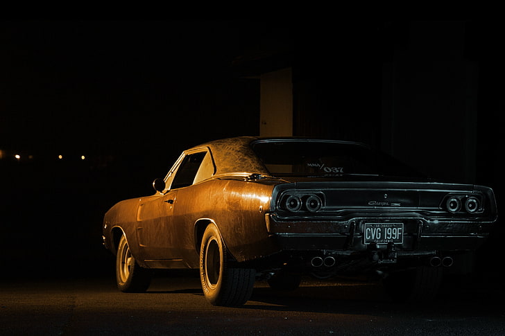classic brown and black Plymouth muscle car, dodge, night, charger