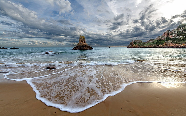 seashore and rock formation, nature, landscape, beach, morning, HD wallpaper
