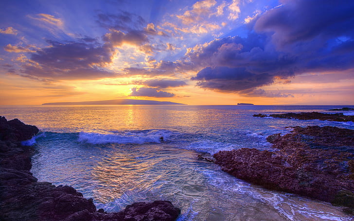 Sunset at Secret Beach, Maui, Hawaii, USA, blue skies, HD wallpaper
