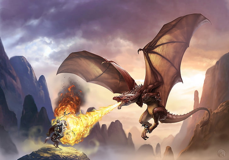 digital art, fantasy art, dragon, wings, rock, fire, flying