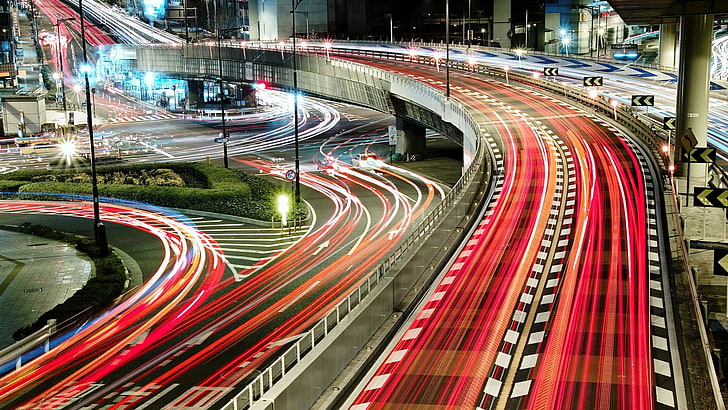 red and gray time-lapse road, cityscape, lights, Japan, light trails