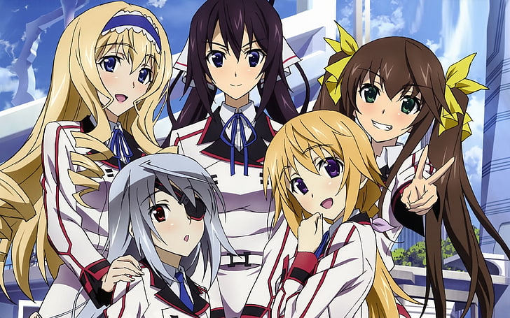 five female anime character taking group picture, manga, Infinite Stratos, HD wallpaper