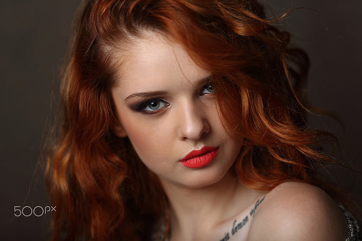 women, redhead, face, blue eyes, red lipstick, portrait, tattoo