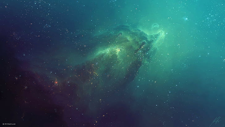 nebula, stars, space, green, galaxy, TylerCreatesWorlds, space art