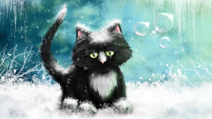 black cat cartoon character illustration, winter, snow, figure, HD wallpaper