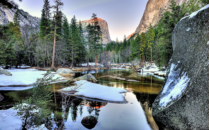 Winter Yosemite Lake-Windows 10 Desktop Wallpaper, water, tree HD wallpaper