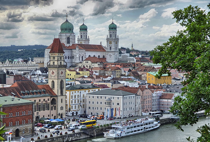 the sky, river, ship, tower, home, Germany, Bayern, Passau, HD wallpaper