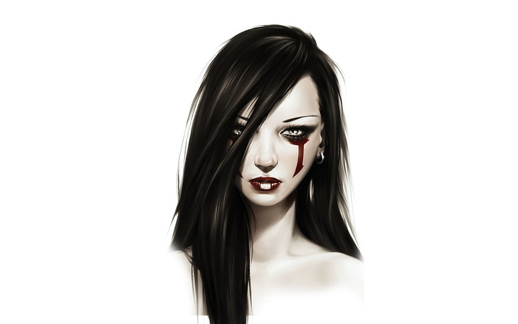 black-haired female illustration, artwork, simple background