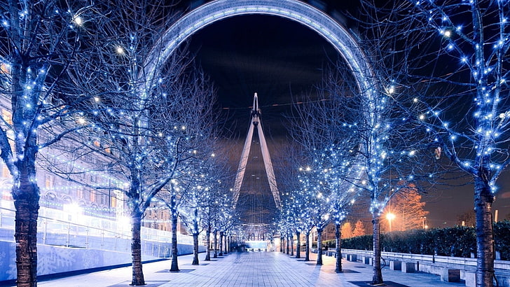 white ferris wheel, London Eye, christmas lights, trees, path