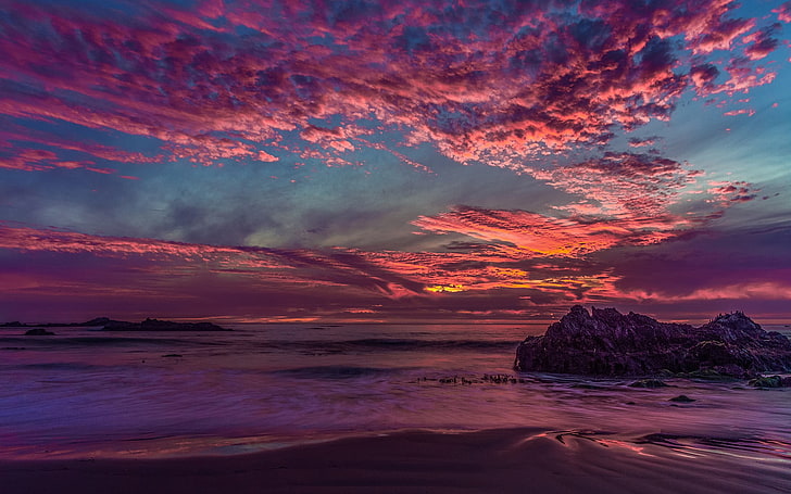 landscape, California, sunset, clouds, rock, sea, bay, water