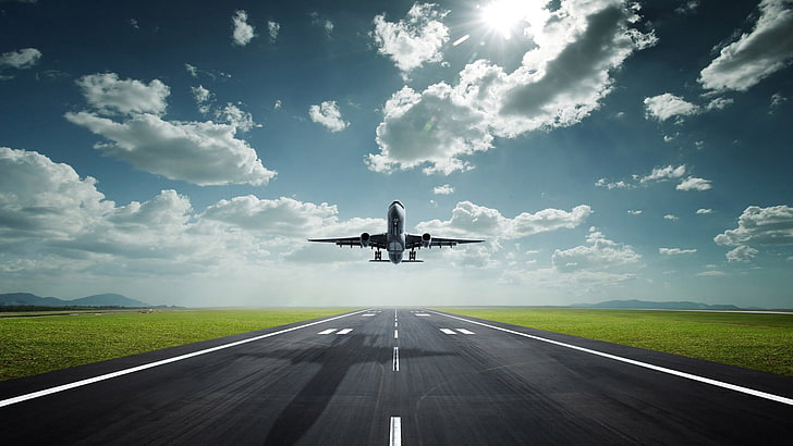 gray and white plane, airplane, landing, sky, nature, landscape