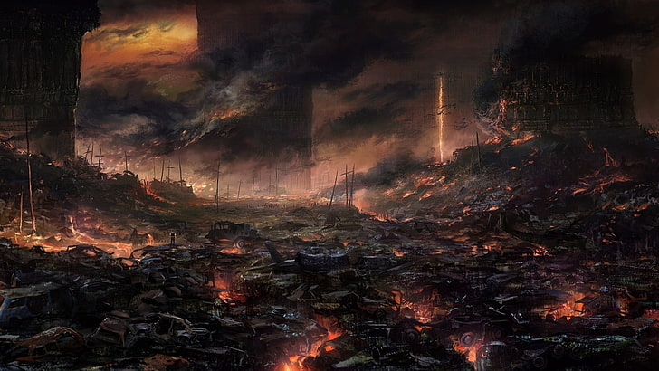 building burned by lava, artwork, apocalyptic, fire, wasteland