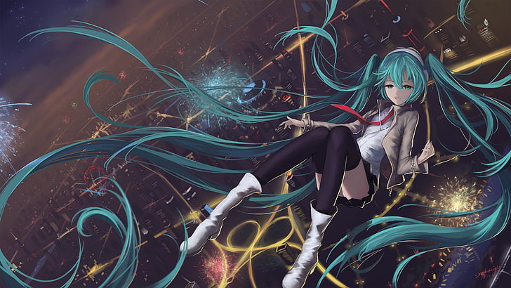 green haired female anime character illustration, untitled, cityscape