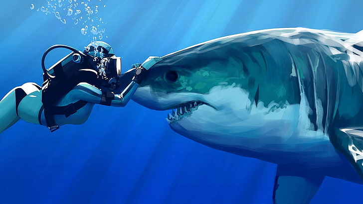 sun rays, divers, teeth, Great White Shark, blue, digital art, HD wallpaper