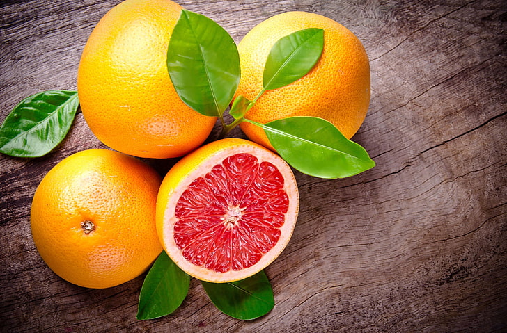 four grapefruits, leaves, Wallpaper, food, widescreen, background