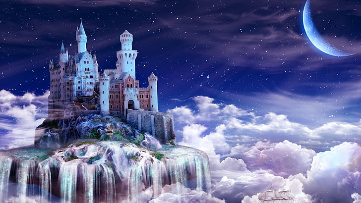castle, clouds, moon, stars, dream, starry, fantasy