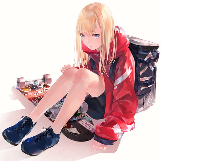 HD wallpaper: Anime, Original, Bag, Blonde, Blue Eyes, Long Hair, Skateboard  | Wallpaper Flare