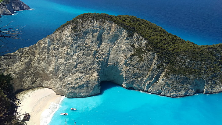 shipwreck beach, azure, archipelago, rock, aerial photography, HD wallpaper