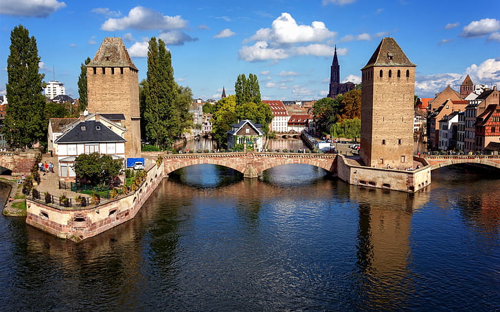 Strasbourg, France, bridge, houses, river