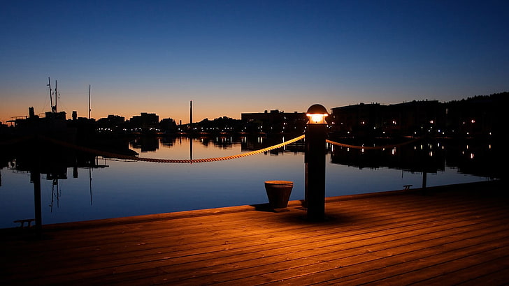 dock, night, lantern, sky, water, sunset, reflection, illuminated